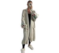 eyes Women's Balloon Sleeve Cardigan - Ladies Oversized Cherry Print Long Chunky Knit Open Ribbed Knitted Maxi Length 2 Pocket Jumper Long Sleeve Sweater Plus Sizes UK 8-20 Beige