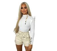 eyes Womens Top Gold Button Detail Frill Soft Long Sleeve Jumpers Plain Going Out Tops for Ladies T Shirts Casual Pull Over Round Neck Winter High Neck Jumper for Women Cream 12-14