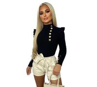 eyes Womens Top Gold Button Detail Frill Soft Long Sleeve Jumpers Plain Going Out Tops for Ladies T Shirts Casual Pull Over Round Neck Winter High Neck Jumper for Women Black 8-10