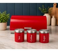 Eyesome Red 4Pc Kitchen Storage Set with Bread Bin - Modern Metal Bread Box with Tea, Coffee & Sugar Canisters - Airtight Food Storage Containers for Kitchen Countertop