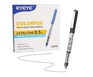EYEYE Black Rollerball Pens 0.5mm Needle Tip, 12 Pack Extra Fine Point Roller Ball Pen Quick Dry, Liquid Ink Pens Fine Point Smooth Writing Pen for Journaling, Note Taking, School, Office Supplies