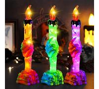 Eyezeeption 3 Stück Kerze Lichter Halloween Dekoration, LED Kerzen Grün Orange Lila Lichter mit Skelett Hand Halloween Ornamente