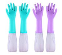 Eygood Latex-Free Washing Up Gloves, Long Sleeve Household Gloves with Cotton Lining, Kitchen Cleaning Gloves (1 Pack of 2 Pairs Blue + Purple) (Large)