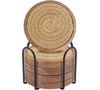 Eykao Coasters for Drinks Absorbent Sets of 5, Woven Coasters with Holder, Wood Coasters for Coffee Table, Housewarming Gift for Farmhouse Home Decor, 4 inches