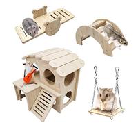 Eyksta 4 Pieces Hamster Toys: Wooden House, Seesaw Bridge, Swing - Boredom Breaker Activity Toys for Gerbil, Guinea Pig, Syrian and Dwarf Hamsters