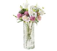 EylKoi Cylinder Glass Flower Vase - Bud Vases in Bulk Modern Fluted Ribbed Hurricane Vases Round Pot Container Small Floral for Centerpieces Tulips Wedding, Home, Party, Office, Clear with Gold Edge