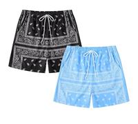 Eymitory Men's 2 Pack Paisley Print Graphic Shorts Drawstring Waist Boho Tribal Summer Bandana Shorts with Pockets, A-blue and Black, X-Small