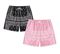 Eymitory Men's 2 Pack Paisley Print Graphic Shorts Drawstring Waist Boho Tribal Summer Bandana Shorts with Pockets, A-pink and Black, Medium