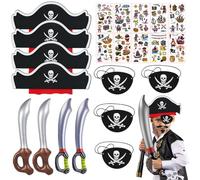 Eymobad 22 Pieces Pirate Decoration Children's Birthday Set, Pirate Costume Decoration Carnival, 4 Pirate Hat, 4 Pirate Felt Eye Mask, 4 Swords, 10 Pieces Pirate Tattoos, for Pirate Party, Birthday