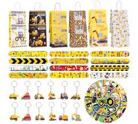 Eymobad Construction Site Party Bags, 86 Pieces Construction Party Children's Birthday, 12 Slap Bracelets, 12 Gift Bags, 12 Key Chains, 50 Stickers for Children, Boys, Girls, Birthday Decoration