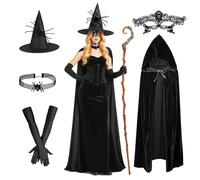 Eymobad Pack of 5 Witch Costume Women, Halloween Costume Women's Witch, Halloween Witch Outfit, Halloween Vampire Cape Witch Set, Carnival Witch Cape Fancy Dress Theme Party Costume Accessory for