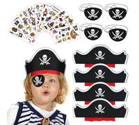 Eymobad Pirate Children's Birthday Party Set, 4 Pirate Hats, 4 Pirate Felt Eye Mask, 10 Pirate Tattoos, Skull Pirate Hat Accessories for Halloween Masquerade Pirate Party