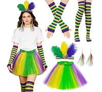 Eymobad Rainbow Costume Women's 5-Piece Tulle Skirt Set with Feather Headband & Socks, Colourful Tulle Skirt for Carnival, Fancy Dress & Theme Party, Complete Women's Rainbow Outfit
