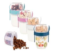 EYNEL 4 Pack On The Go 37 oz Breakfast Cups with Lids and Spoon, Reusable Cereal Yogurt Cup with Topping Plastic Overnight Oats Container for Granola Oatmeal (37 oz- 4 Pack)