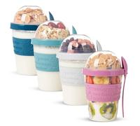 EYNEL 4 Pack On The Go Cereal Yogurt Cups with Lids and Spoon, Overnight Oats Container, Reusable Parfait Plastic Milk Pot Breakfast Crunch Granola Oatmeal Smoothie Snack Prep Jar