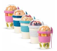EYNEL 4 Pack On The Go Cereal Yogurt Cups with Lids and Spoon, Overnight Oats Container, Reusable Parfait Plastic Milk Pot Breakfast Crunch Granola Oatmeal Smoothie Snack Prep Jar (5 Colors Set)