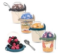 EYNEL On The Go Cereal Yogurt Cups with Lids and Spoon, Reusable Parfait Plastic Milk Breakfast Crunch Granola Oatmeal Smoothie Snack Prep Bowl (4 Colors Set With Handle, 17 oz)