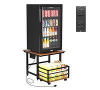 EYOCAL Mini Fridge Stand with Power Outlets, 19.7" x 19.7" Large Tabletop Heavy Duty Stand with Pull-Out Basket, Adjustable Feet & Wheels, for Kitchen, Dorm, Office, Rustic Brown and Black