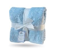 eYone Baby Blanket 75×100 cm - Soft Embossed Fleece - Car Pattern - Lightweight & Warm - Pram, Cot & Stroller - Boys Gift - Blue