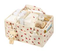 Eyoulife Baby Nappy Caddy Organiser with 5 Compartments & 8 Pockets, Baby Changing Table Storage Basket with Cotton Gingham Trim & Bear Charm, Portable Nursery Bin for Wipes & Newborn Essentials