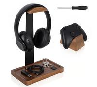 Eyoulife Headphone Stand with Gaming Controller Holder, Walnut Wood Headset Stand with Storage Base, Gaming Equipment Accessories for Desk