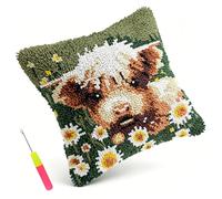 Eyoulife Latch Hook Pillow Kit 17x17in DIY Crochet Cushion Cover with Yarn Hook Handmade Craft Present for Adult Beginner(colour-1-Highland Cow)