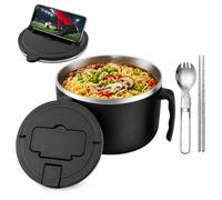 Eyoulife Rapid Ramen Cooker Bowl, 1200ml Insulated Stainless Steel Noodle Bowl with Drainer Filter Lid, Folding Spoon & Chopsticks, Phone Holder | Portable Soup Bowl for Dorm, Office, College (Black)