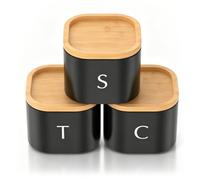 Eyoulife Tea Coffee Sugar Canisters Set of 3, 800ml Metal Kitchen Storage Jars with Removable Silicone Airtight Bamboo Lids, Stackable Space Saving Food Containers for Countertop(Black,3)