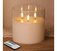 Eywamage 3 Wick Large Flameless Candles in Clear Glass, Flickering LED Battery Pillar Candle with Remote Φ 6" H 6"