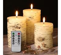 Eywamage Birch Bark Flameless Pillar Candles with Remote Set of 3 | Farmhouse Wood LED Candles, Over 1500 Hours Long Battery Life, Real Wax Coating, Christmas Home Table Mantel Decor