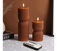 Eywamage Brown Ribbed Flameless LED Pillar Candles with Remote Set of 2 | Fall Decorations, 2 AA Battery Powered, Real Wax, Flickering Realistic Black Wick Flame, Table Shelf Room Decor