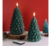 Eywamage Green Christmas Tree Flameless Candles with Remote, Flickering Battery LED Pillar Candles Holiday Decor Set of 2