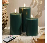 Eywamage Green Flameless LED Pillar Candles with Remote Set of 3 | 2 AA Battery, Christmas Table Shelf Room Decor, Flickering Black Wick Flame, Flat Top, Real Wax Coating Φ 3"H 4"5"6"