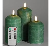 Eywamage Green Flameless LED Pillar Candles with Remote Set of 3 | Real Wax Coating, 2 AA Battery, Table Shelf Room Decor, Flickering Black Wick Flame, Cone Top Φ 3"H 4"5"6"