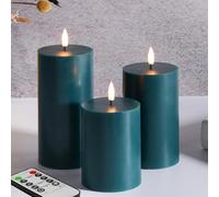 Eywamage Green Flameless Pillar Candles with Remote, Flickering Battery Powered