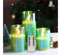 Eywamage Green Glass Flameless LED Candles with Remote, Flickering Battery Christmas Pillar Candles Set of 3