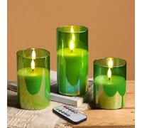 Eywamage Green Glass Flameless LED Candles with Remote, Flickering Battery Pillar Candles Home Table Decor Set of 3