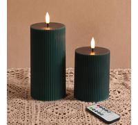 Eywamage Green Ribbed Flameless Pillar Candles with Remote, Flickering Real Wax Battery LED Candles Home Decor Set of 2