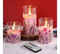 Eywamage Pink Floral Glass Flameless Candles with Remote, Flickering Battery Operated LED Pillar Candles Set of 3