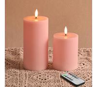 Eywamage Pink Ribbed Flameless Pillar Candles with Remote, Flickering LED Wax Candles Battery Powered Set of 2