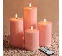 Eywamage Pink Ribbed Flameless Pillar Candles with Remote, Flickering LED Wax Candles Battery Powered Set of 4