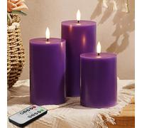 Eywamage Purple Flameless LED Pillar Candles with Remote Set of 3 | 2 AA Battery, Christmas Table Shelf Room Decor, Flickering Black Wick Flame, Flat Top, Real Wax Coating Φ 3"H 4"5"6"