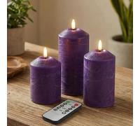 Eywamage Purple Flameless LED Pillar Candles with Remote Set of 3 | Real Wax Coating, 2 AA Battery, Table Shelf Room Decor, Flickering Black Wick Flame, Cone Top Φ 3"H 4"5"6"