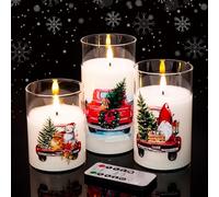 Eywamage Red Truck Glass Flameless Candles with Remote, Flickering LED Pillar Candles, Battery Operated Christmas Candles