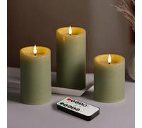 Eywamage Sage Green Flameless Pillar Candles Flickering Moving Flame, Melted Edge Battery LED Wax Candles with Remote Set of 3