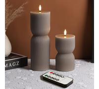 Eywamage Taupe Ribbed Flameless LED Pillar Candles with Remote Set of 2 | 2 AA Battery Powered, Real Wax, Flickering Realistic Black Wick Flame, Table Shelf Room Decor Φ 3" H 5.5" 9.5"