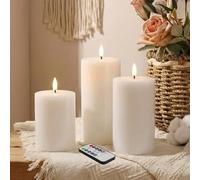 Eywamage White Flat Top Flameless Pillar Candles with Remote, Flickering Real Wax LED Battery Candles Φ 3" H 4" 5" 6"