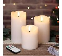Eywamage White LED Pillar Candles with Remote, Flickering Realistic Flameless Battery Candles Lights Set of 3