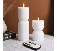 Eywamage White Ribbed Flameless LED Pillar Candles with Remote Set of 2 | 2 AA Battery Powered, Real Wax, Flickering Realistic Black Wick Flame, Table Shelf Room Decor Φ 3" H 5.5" 9.5"