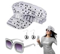 EYWILYWI 3Pcs 70s Disco Costume Set Sequin Glitter Hat, Bling Sunglasses & Earrings,Retro Abba Accessories for Women,Perfect for Theme Parties, Birthday Dances & Disco Fancy Dress (silver)